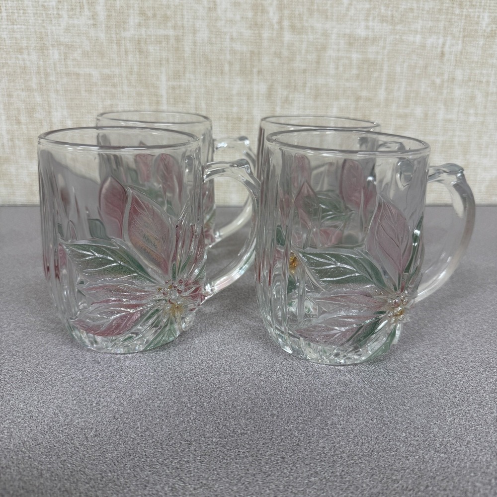 Set of 4 - Rare Savoir Vivre Glass Mugs Holiday Spirit Poinsettia Made in Japan